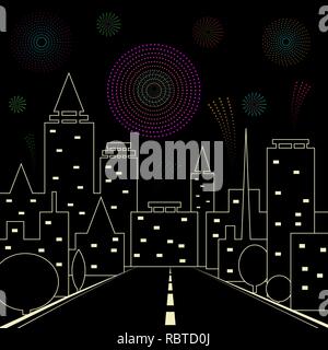 Di strada nella città di notte. fuochi d'artificio nella notte il cielo sopra la città illustrazione vettoriale. stelle,skyline e salutare. 10 eps Illustrazione Vettoriale