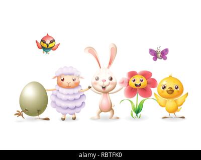 Coniglietto di Pasqua e amici celebrano la Pasqua e la primavera - uovo di pollo fiore di pecora a farfalla e gruccione bird - isolato su bianco Illustrazione Vettoriale