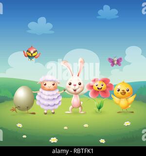 Coniglietto di Pasqua e amici celebrano la Pasqua e la primavera - uovo di pollo fiore di pecora a farfalla e gruccione uccello sulla molla sullo sfondo del paesaggio Illustrazione Vettoriale