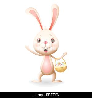 Carino piccolo bunny decorato con le uova nel paniere a maglia celebrare la Pasqua - isolato su sfondo bianco Illustrazione Vettoriale
