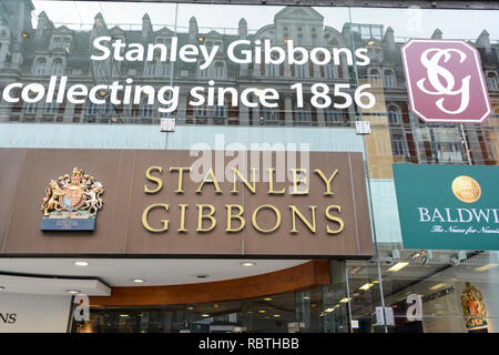 Primo piano di Stanley Gibbons, The Strand, Londra, WC2, Regno Unito Foto Stock