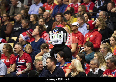 Herning, Danimarca. Xi gen, 2019. La mascotte Stan durante il gruppo C pallamano match tra la Tunisia e la Norvegia in Jyske Bank Boxen di Herning durante il 2019 IHF Pallamano Campionato del Mondo in Germania e Danimarca. Credito: Lars Moeller/ZUMA filo/Alamy Live News Foto Stock