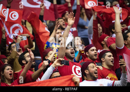 Herning, Danimarca. Xi gen, 2019. Ventole tunisino durante il gruppo C pallamano match tra la Tunisia e la Norvegia in Jyske Bank Boxen di Herning durante il 2019 IHF Pallamano Campionato del Mondo in Germania e Danimarca. Credito: Lars Moeller/ZUMA filo/Alamy Live News Foto Stock