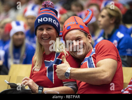 Herning, Danimarca. Xi gen, 2019. I tifosi norvegesi durante il gruppo C pallamano match tra la Tunisia e la Norvegia in Jyske Bank Boxen di Herning durante il 2019 IHF Pallamano Campionato del Mondo in Germania e Danimarca. Credito: Lars Moeller/ZUMA filo/Alamy Live News Foto Stock