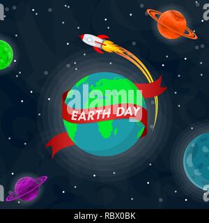 Mondo Earth Day poster con globo terrestre e il razzo nello spazio esterno in design piatto. Illustrazione Vettoriale. Globo terrestre con nastro rosso, concetto di ecologia Illustrazione Vettoriale