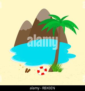 Mare e spiaggia con palme e montagne nel design piatto. Illustrazione Vettoriale. Di viaggio o di Concetto di vacanza Illustrazione Vettoriale