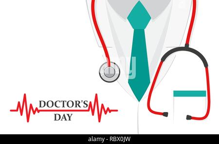 Un medici tuta o camice con uno stetoscopio in design piatto. Illustrazione Vettoriale. Medical carino sfondo per i medici giorno Illustrazione Vettoriale