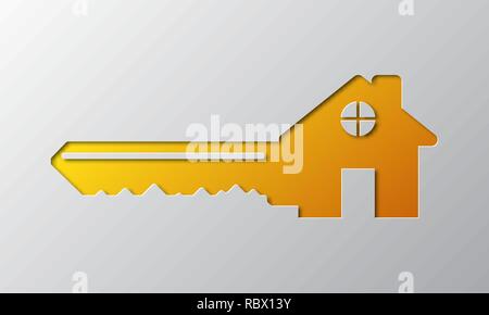 Arte di carta della casa gialla con chiave, isolata. Illustrazione Vettoriale. Chiave con edificio icona è tagliato da un nastro di carta. Illustrazione Vettoriale