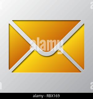 Arte di carta della busta gialla o simbolo di e-mail, isolata. Illustrazione Vettoriale. Icona a forma di busta è tagliato da un nastro di carta. Illustrazione Vettoriale