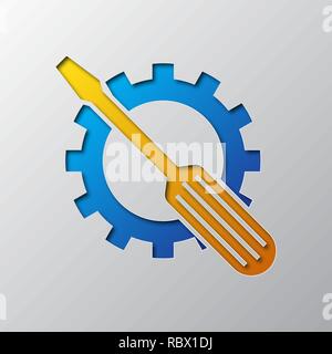 La carta tecnica del cacciavite e ruota dentata, isolata. Illustrazione Vettoriale. Il concetto di servizio icona è scolpito da carta. Illustrazione Vettoriale