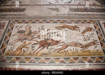 Romano pavimento a mosaico con scene di caccia, Bardo Museo Nazionale, Tunisi, Tunisia, Africa Foto Stock