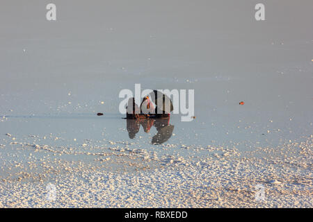 Una famiglia seduta sulla distesa di sale del lago di Urmia, West Azerbaijan provincia, Iran Foto Stock