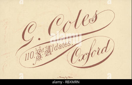Pubblicità vittoriano CDV (Carte De visite) che mostra l'illustrazione e la calligrafia da G.Coles, 110 St Aldates, Oxford, Oxfordshire, Inghilterra. Foto Stock