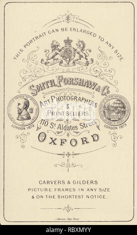 Pubblicità vittoriano CDV (Carte De visite) che mostra l'illustrazione e la calligrafia da Smith, Forshaw & Co arte fotografi & Printsellers, 110 St Aldates Street, Oxford Foto Stock
