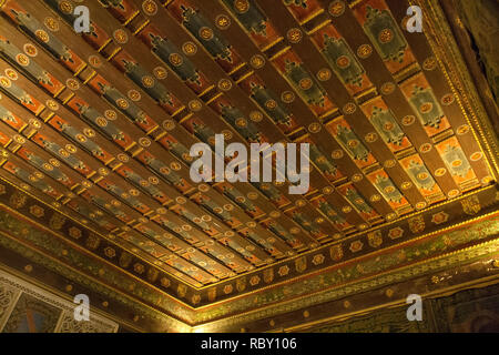 Segovia, Spagna - 26 Aprile 2008: Il scolpito a mano il soffitto della camera reale a Alcazar de Segovia. Castilla y Leon, Spagna Foto Stock