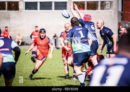 BLAINA, Wales, Regno Unito -15 APRILE 2017: Blaina vs Tredegar partita di rugby WRU Championship League a Cwmcellyn Park Foto Stock