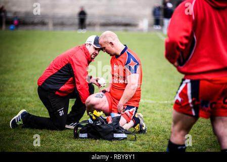 BLAINA, Wales, Regno Unito -15 APRILE 2017: Blaina vs Tredegar partita di rugby WRU Championship League a Cwmcellyn Park Foto Stock