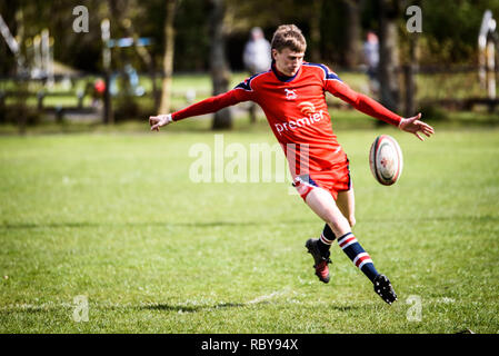 BLAINA, Wales, Regno Unito -15 APRILE 2017: Blaina vs Tredegar partita di rugby WRU Championship League a Cwmcellyn Park Foto Stock