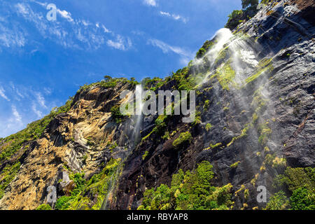 Alte cascate in Milford Sound, Nuova Zelanda, foto scattata da cruise ferry Foto Stock