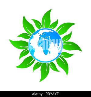 Icona a forma di globo con foglie isolate. Illustrazione Vettoriale. Concetto di ecologia Illustrazione Vettoriale