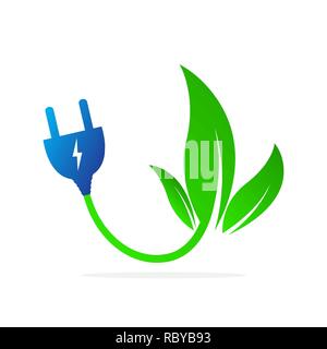 Foglie con cavo elettrico e di un tappo. Illustrazione Vettoriale. Concetto di energia verde. Green power concept Illustrazione Vettoriale