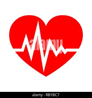 Cuore rosso icona con segno heartbeat nel design piatto. Illustrazione Vettoriale. Simbolo di medico Illustrazione Vettoriale