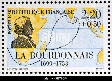 Il francese francobollo (1988): navigatori ed esploratori series - Bertrand François Mahé Comte de la Bourdonnais (1699-1753) Foto Stock