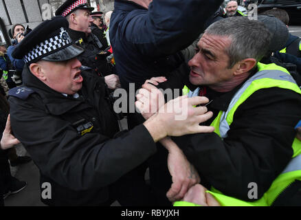 Gli ufficiali di polizia bagarre con Pro-Brexit i manifestanti che si tenta di arrivare in Trafalgar Square, Londra, dove un rally organizzato dall'Assemblea popolare contro l'austerità sono riuniti. Foto Stock