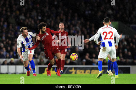 Brighton & Hove Albion's Dale Stephens (sinistra) e Liverpool è Mohamed Salah (centro) battaglia per la palla durante il match di Premier League al AMEX Stadium, Brighton. Foto Stock