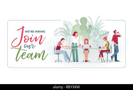 Stiamo assumendo, entra a far parte del nostro team. Assunzione e reclutamento concetto illustrazione e design. Business Casual team che lavora in ufficio. Illustrazione Vettoriale. Illustrazione Vettoriale