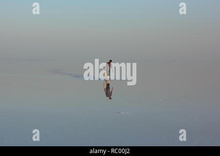 Un uomo che cammina da sola sulla distesa di sale del lago di Urmia, West Azerbaijan provincia, Iran Foto Stock