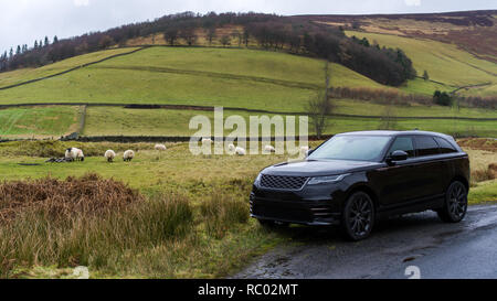 SUV nelle highlands scozzesi circondato da gregge di pecore Foto Stock