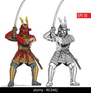 Il Samurai in antiche armature, guerriero Giapponese con spada katana. Illustrazione Vettoriale. Illustrazione Vettoriale