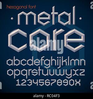 Esagonale metallico futuristico smussata font in grassetto. Alfabeto, inglese lettere e numeri in moderno stile geometrico. Illustrazione Vettoriale