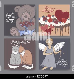 Quattro colori romantico San Valentino banner con Teddy bear, torta decorata con cuori, due gatti cupido e spazzola lettering. Illustrazione Vettoriale