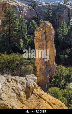 Pinnacle di Zuni arenaria sormontato con harder Dakota arenaria nella casella Canyon, visto dalla cima di Mesa Trail in El Morro monumento nazionale, Nuovo Messico Foto Stock