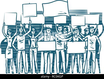La folla di persone manifestanti. Manifesto il concetto di protesta. Schizzo illustrazione vettoriale Illustrazione Vettoriale