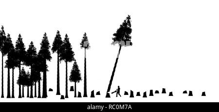 Cancellare il taglio di foreste, uso o abuso delle risorse naturali è il tema di questa illustrazione. Stagliano alberi, uno essendo tagliato in basso sono raffigurati accanto a Foto Stock