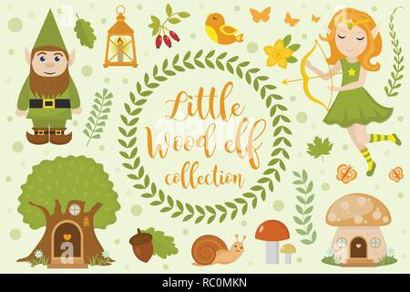 Carino forest elf character set di oggetti. Raccolta di elemento di design con elfica archer, nana, tree house a fungo, fiori piante. Bambini baby clipart divertenti kit sorridente. Illustrazione Vettoriale. Illustrazione Vettoriale