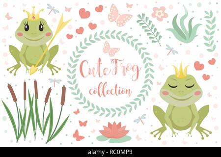 Carino frog princess un set di caratteri di oggetti. Raccolta di elemento di design con canne palustri, fiori piante. Bambini baby clip art funny sorridente animali. Illustrazione Vettoriale. Illustrazione Vettoriale