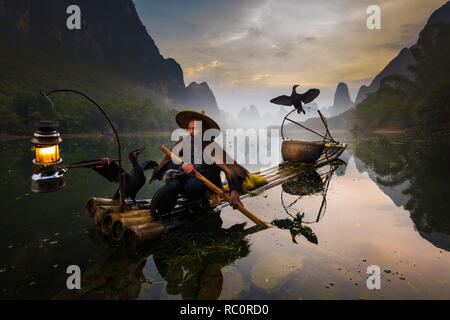 Cormorano pescatore e i suoi uccelli sul fiume Li in Yangshuo, Guangxi, Cina Foto Stock