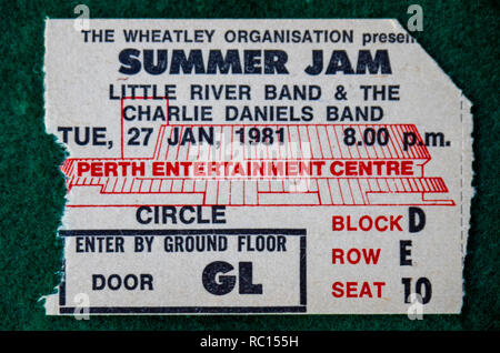 Biglietto per Little River Band e Charlie Daniels Band in Concerto a Perth Entertainment Centre in 1981 WA Australia. Foto Stock