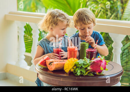 Bambini bere colorati Frullati salutari.. Anguria, papaia, mango, spinaci e dragon frutta. I frullati, succhi di frutta, bevande, bevande con varietà di frutta fresca su una tavola di legno Foto Stock