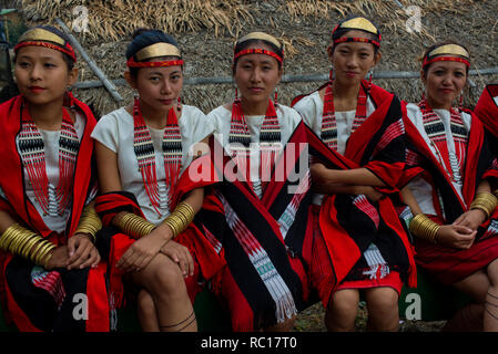 Tribali da vari angoli del Nagaland presentano i loro spettacoli culturali a Kisama village durante l'annuale festival Hornbill del Nagaland. Foto Stock