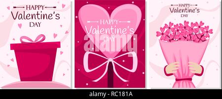 Felice il giorno di San Valentino. Set di tre poster per le vacanze. Appartamento illustrazione vettoriale. Illustrazione Vettoriale