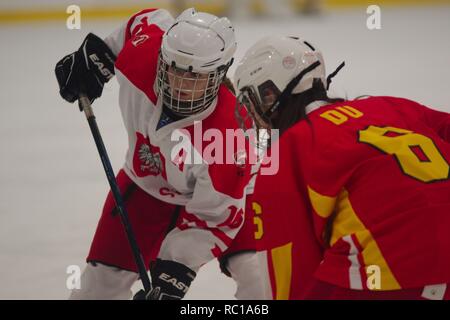 Dumfries Scozia, 12 gennaio 2019. Iga Schramm di Polonia e Junfei Zhu della Cina face off durante la loro partita nel 2019 Hockey su ghiaccio U18 Donne del Campionato del Mondo, Divisione 1, gruppo B, a Dumfries ciotola di ghiaccio. Credito: Colin Edwards/Alamy Live News. Foto Stock