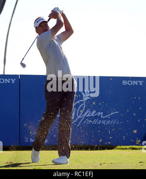 Waialae Country Club di Honolulu, Stati Uniti d'America. 11 gennaio 2019 - Ian Poulter tees off al diciassettesimo foro durante il secondo giro di PGA Sony Open al Waialae Country Club di Honolulu, HI - Michael Sullivan/CSM Credito: Cal Sport Media/Alamy Live News Foto Stock