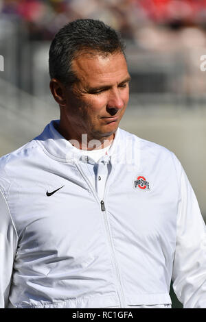 Pasadena, California, Stati Uniti d'America. 1a gen, 2019. Ohio State Buckeyes head coach Urban Meyer durante il105th Rose Bowl College partita di calcio tra la Ohio State Buckeyes e il Washington Huskies presso il Rose Bowl. Credito: csm/Alamy Live News Foto Stock