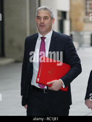 Londra, Regno Unito, 13 gennaio 2019. Stephen Barclay Segretario di Stato per l'uscita dall'Unione europea visto negli studi della BBC a Londra Foto Stock