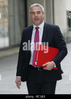 Londra, Regno Unito, 13 gennaio 2019. Stephen Barclay Segretario di Stato per l'uscita dall'Unione europea visto negli studi della BBC a Londra Foto Stock